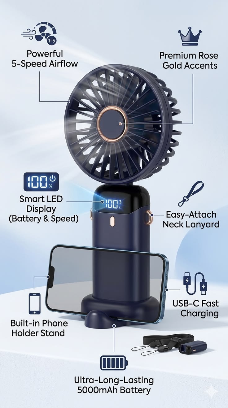 Smart LED Digital Display Fan – Portable Rechargeable Cooling Fan with Temperature Display & Ultra Quiet Airflow